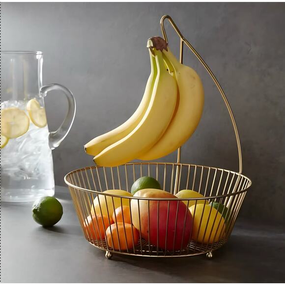 Metal Wire Fruit Basket w/ Banana Hanger | Iron Round Fruit Bowl & Banana Stand - Picture 4 of 6